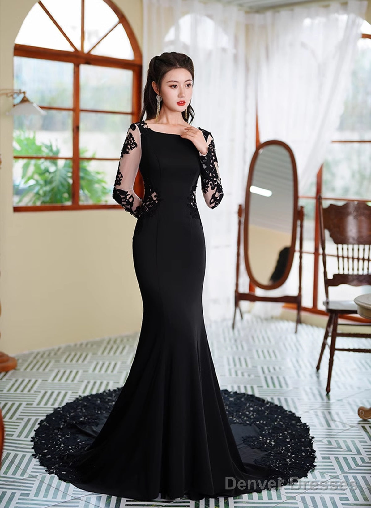Black Mermaid Long Sleeves With Lace Wedding Party Dress, Black Mermaid Prom Dress Secondary image