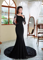 Black Mermaid Long Sleeves With Lace Wedding Party Dress, Black Mermaid Prom Dress