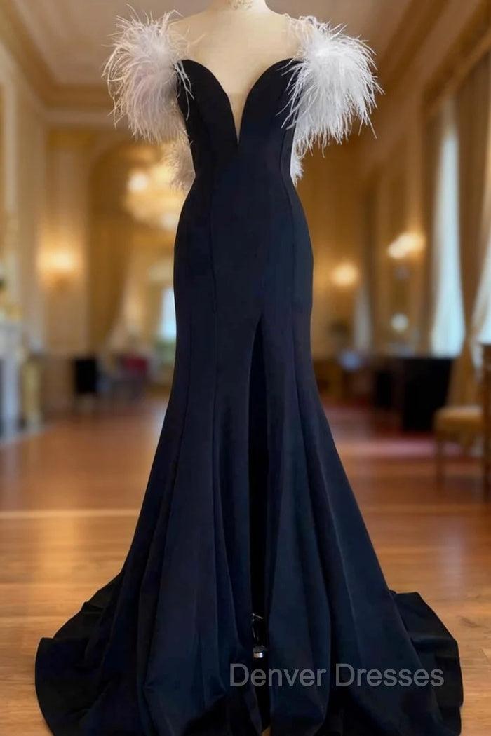 Black Mermaid Off the Shoulder Feather Prom Dress Main image