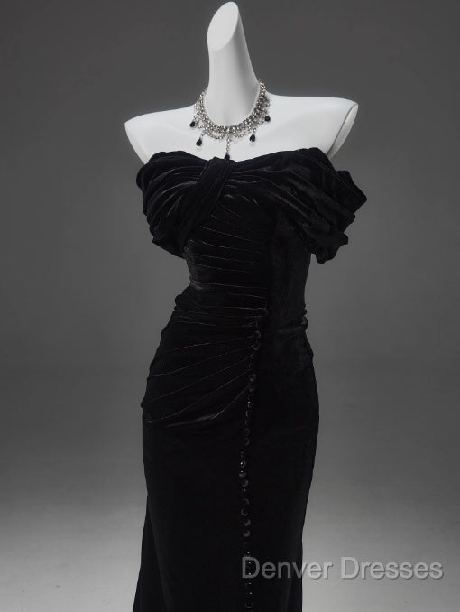 Black Mermaid Off-The-Shoulder Velvet Long Prom Dress, Elegant Quinceanera Dress