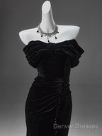 Black Mermaid Off-The-Shoulder Velvet Long Prom Dress, Elegant Quinceanera Dress