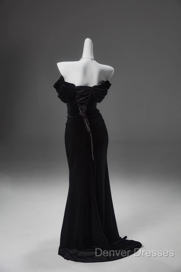 Black Mermaid Off-The-Shoulder Velvet Long Prom Dress, Elegant Quinceanera Dress