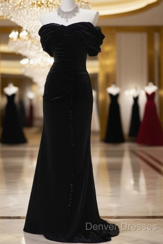 Black Mermaid Off-The-Shoulder Velvet Long Prom Dress, Elegant Quinceanera Dress Main image