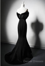 Black Mermaid Satin Off Shoulder Evening Dress, Black Satin Prom Dress