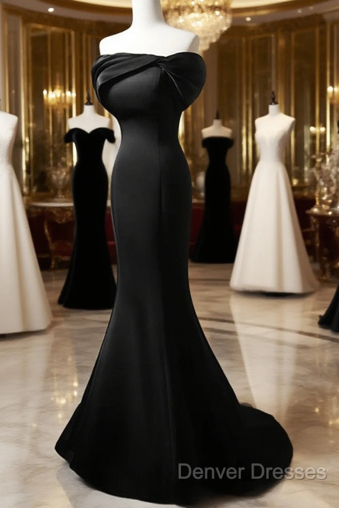 Black Mermaid Satin Off Shoulder Evening Dress, Black Satin Prom Dress Main image