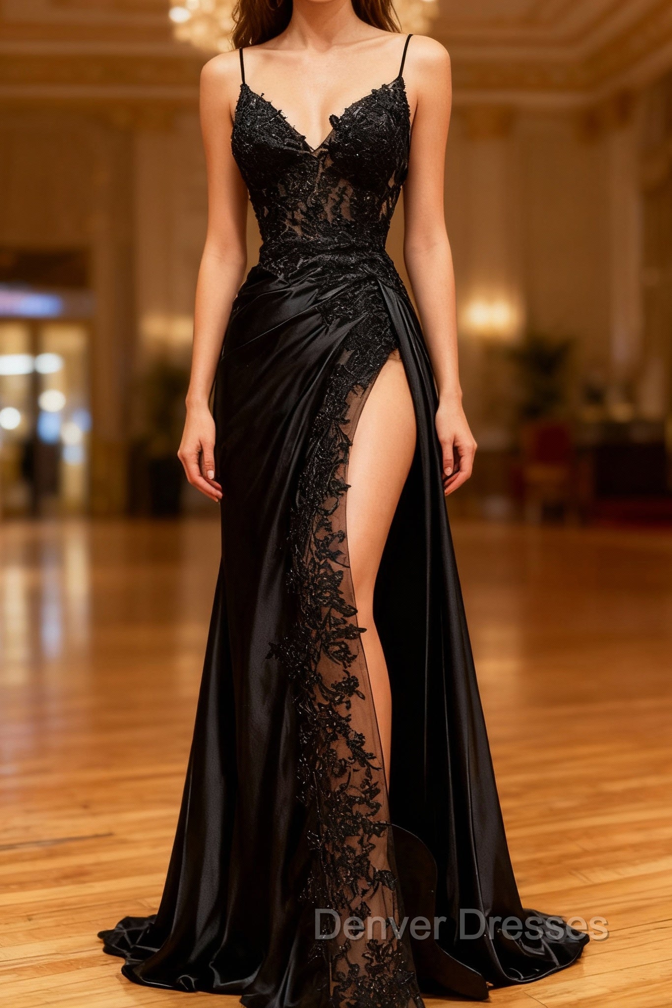 Black Mermaid Satin Spaghetti Sraps Prom Dress Main image