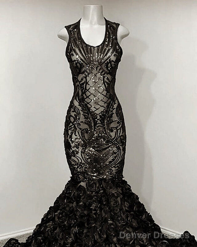Black Mermaid Sequin Rosette Prom Dresses Secondary image