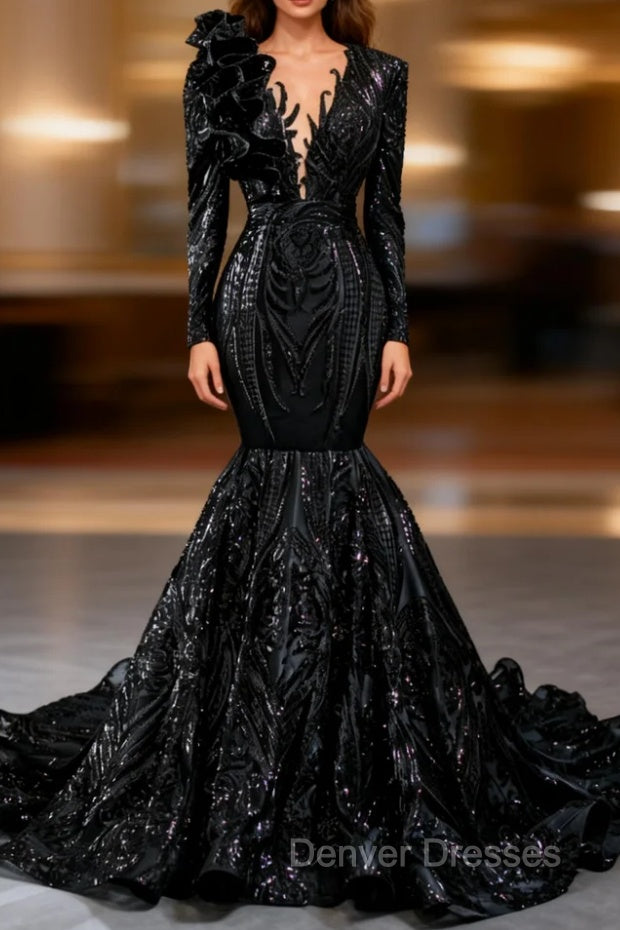 Black Mermaid Sequins Long Sleeve Ruffls Long Prom Dress Main image