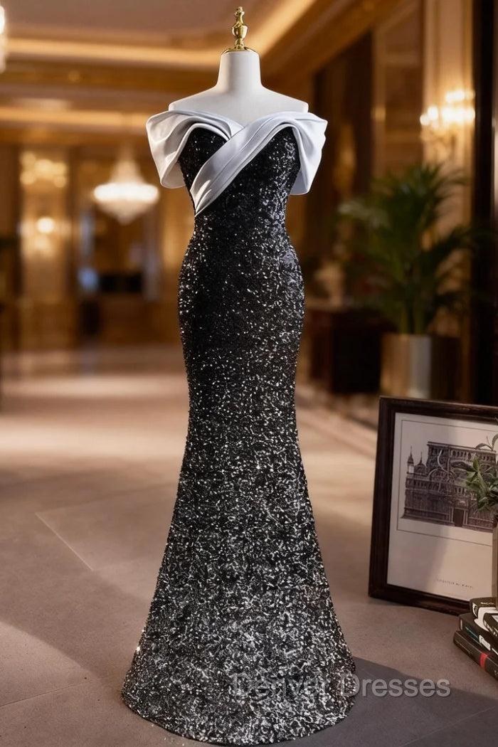 Black Mermaid Sequins Off the Shoulder Prom Dress Main image