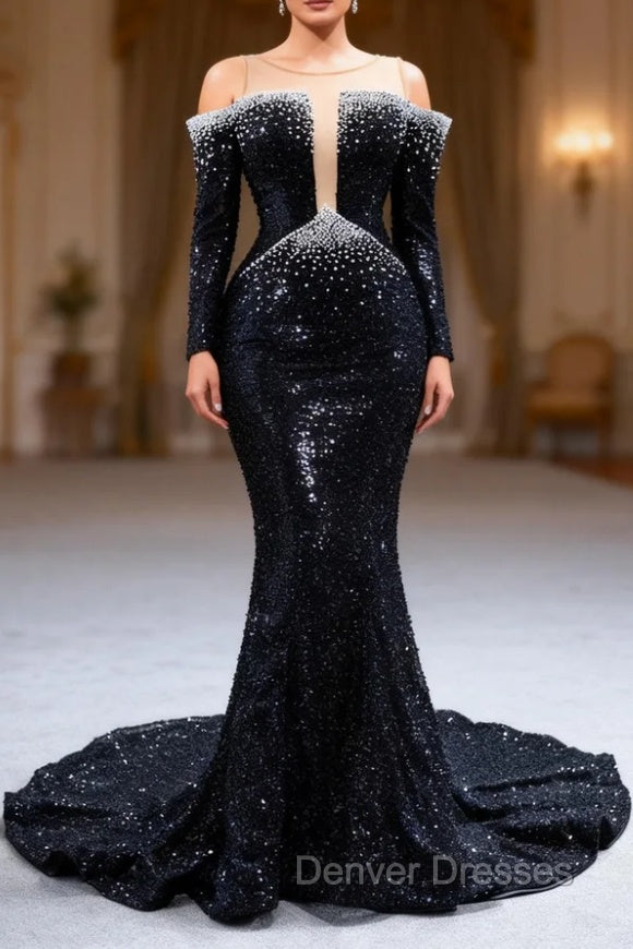 Black Mermaid Sequins Pearls See Through Neck Prom Dress Main image