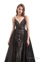 Mermaid Sequins Spaghetti Straps Prom Dresses With Detachable Train