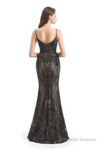 Mermaid Sequins Spaghetti Straps Prom Dresses With Detachable Train