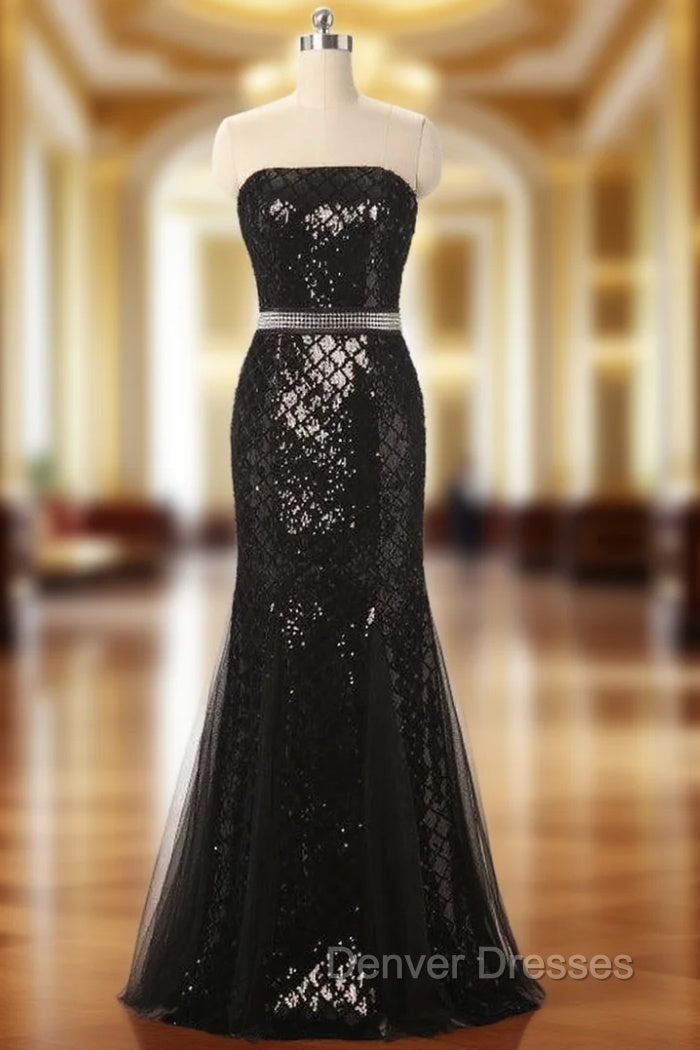 Black Mermaid Sequins Strapless Beading Prom Dress Main image