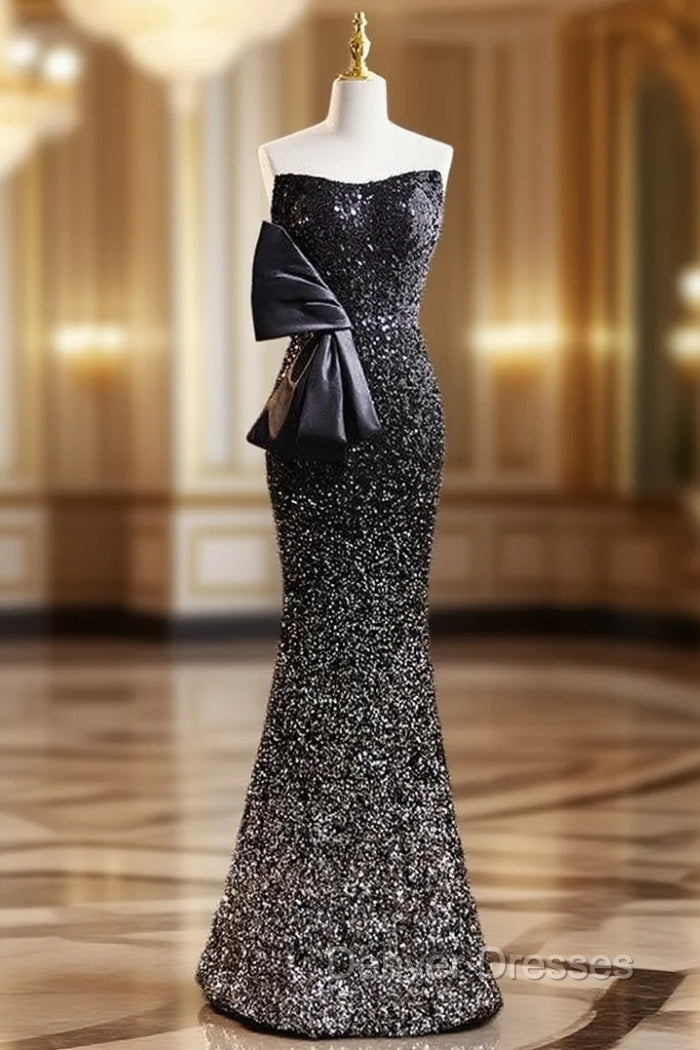 Black Mermaid Sequins Strapless Prom Dress