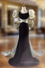 Black Mermaid Square Puff Sleeve Bow Prom Dress