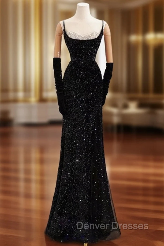 Black Mermaid Straps Sequins Prom Dress Main image