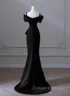 Black Mermaid Sweetheart Off Shoulder Prom Dress, Black Satin Evening Dress