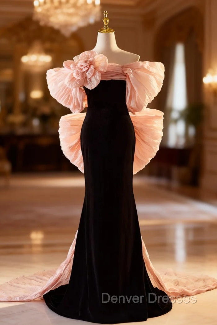 Black Mermaid Velvet Pink Bow Prom Dress Main image
