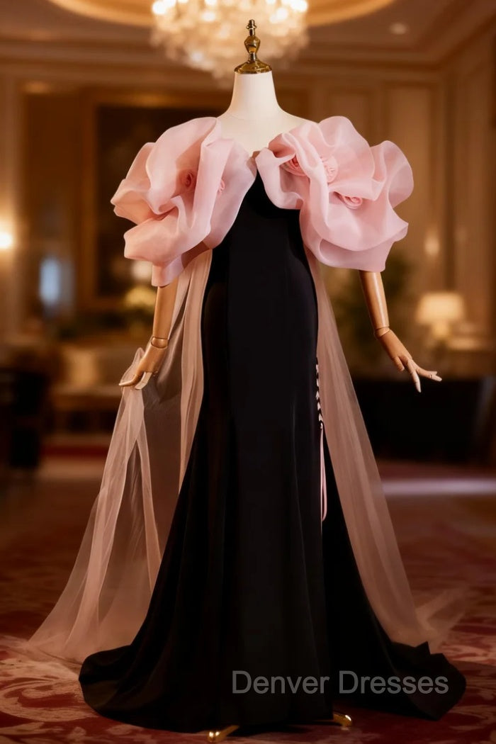 Black Mermaid Velvet Pink Flower Prom Dress Main image
