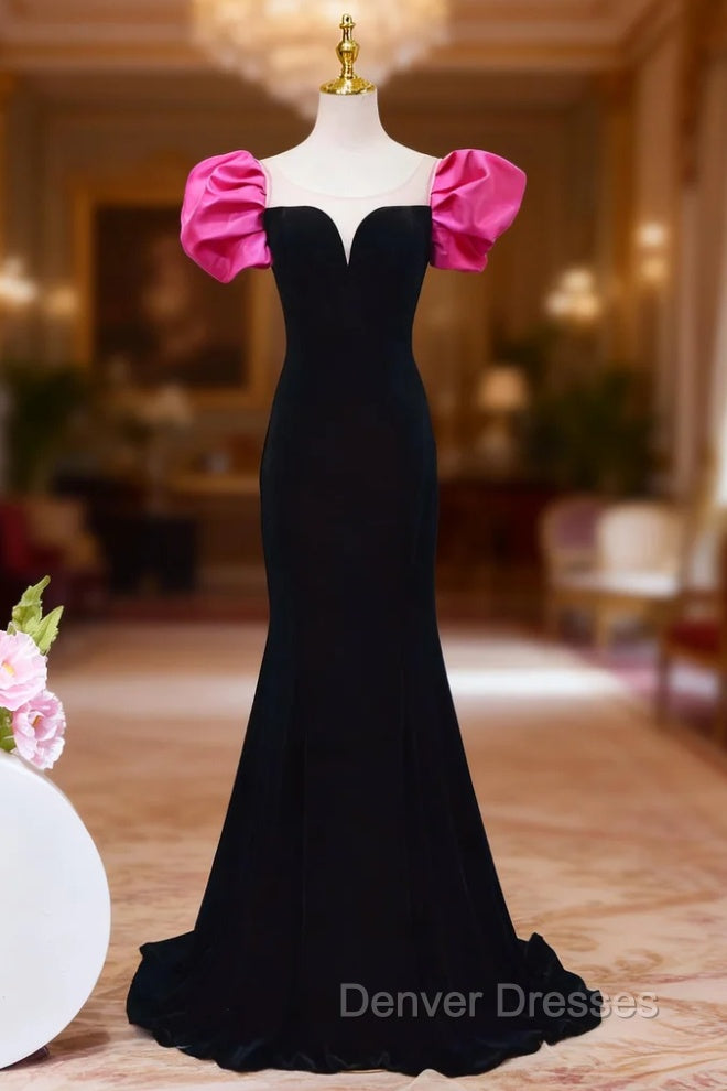Black Mermaid Velvet Puff Sleeve Backless Prom Dress Main image