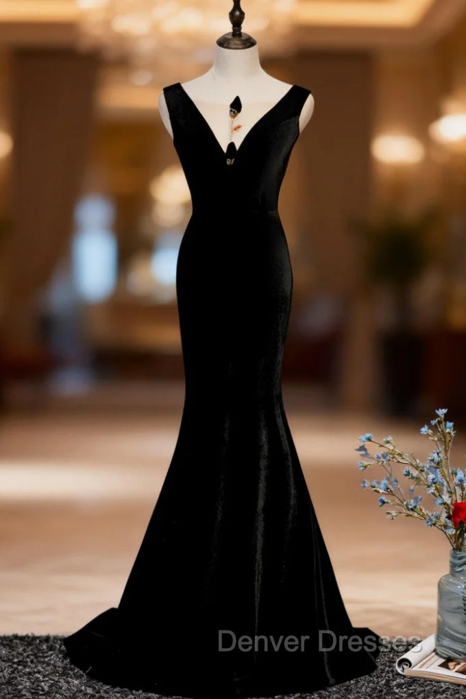 Black Mermaid Velvet See Through V-neck Prom Dress