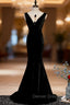 Black Mermaid Velvet See Through V-neck Prom Dress