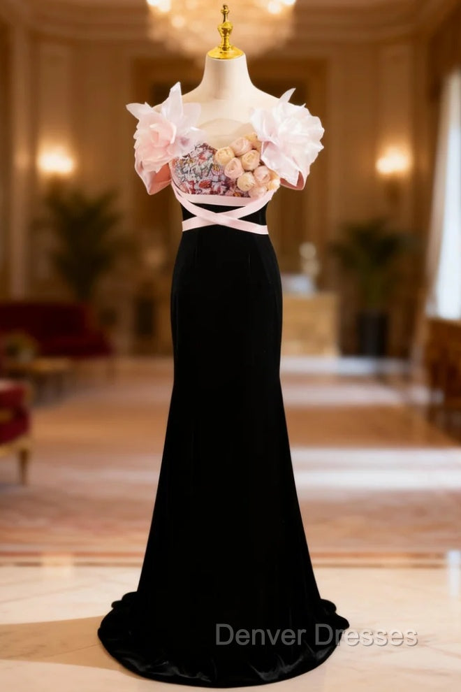 Black Mermaid Velvet Strapless Flower Prom Dress Main image