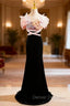 Black Mermaid Velvet Strapless Flower Prom Dress