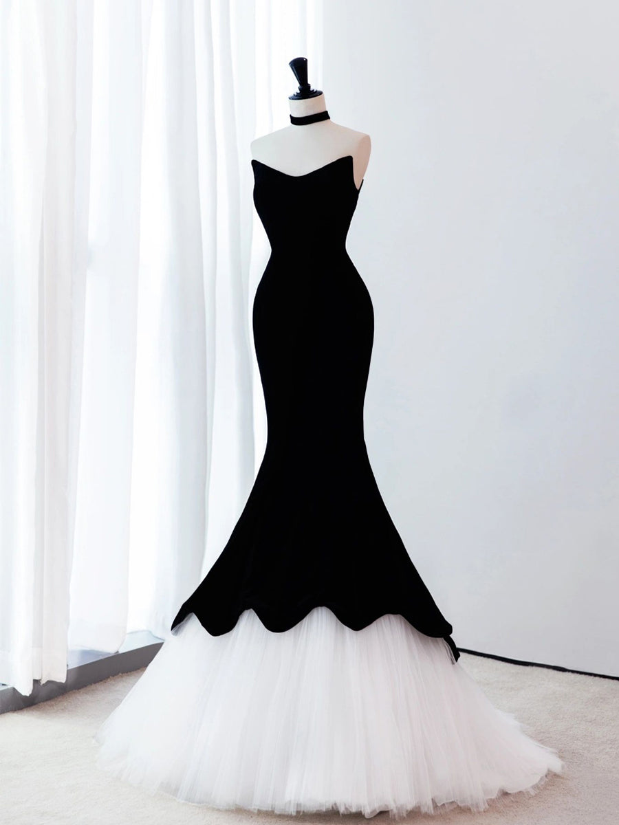 Black Mermaid Velvet Tulle Long Prom Dress, Black Evening Dress Main image