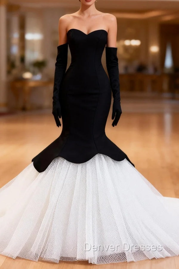 Black Mermaid White Tulle Long Sleeve Prom Dress