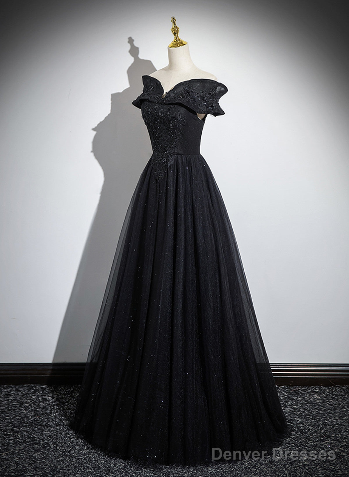 Black Off Shoulder A-Line Tulle With Lace Party Dress, Black Long Prom Dress Secondary image