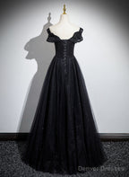 Black Off Shoulder A-Line Tulle With Lace Party Dress, Black Long Prom Dress