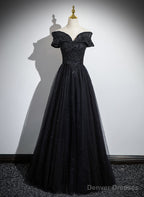 Black Off Shoulder A-Line Tulle With Lace Party Dress, Black Long Prom Dress