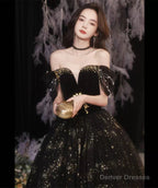 Black Off Shoulder Beaded Sweetheart Tulle Prom Dress, Black Formal Dress