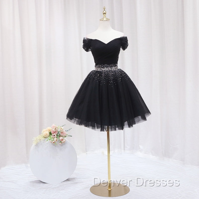 Black Off Shoulder Beaded Tulle Short Prom Dress, Black Homecoming Dress Formal Dress Secondary image