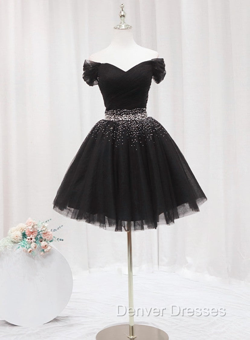 Black Off Shoulder Beaded Tulle Short Prom Dress, Black Homecoming Dress Formal Dress Main image