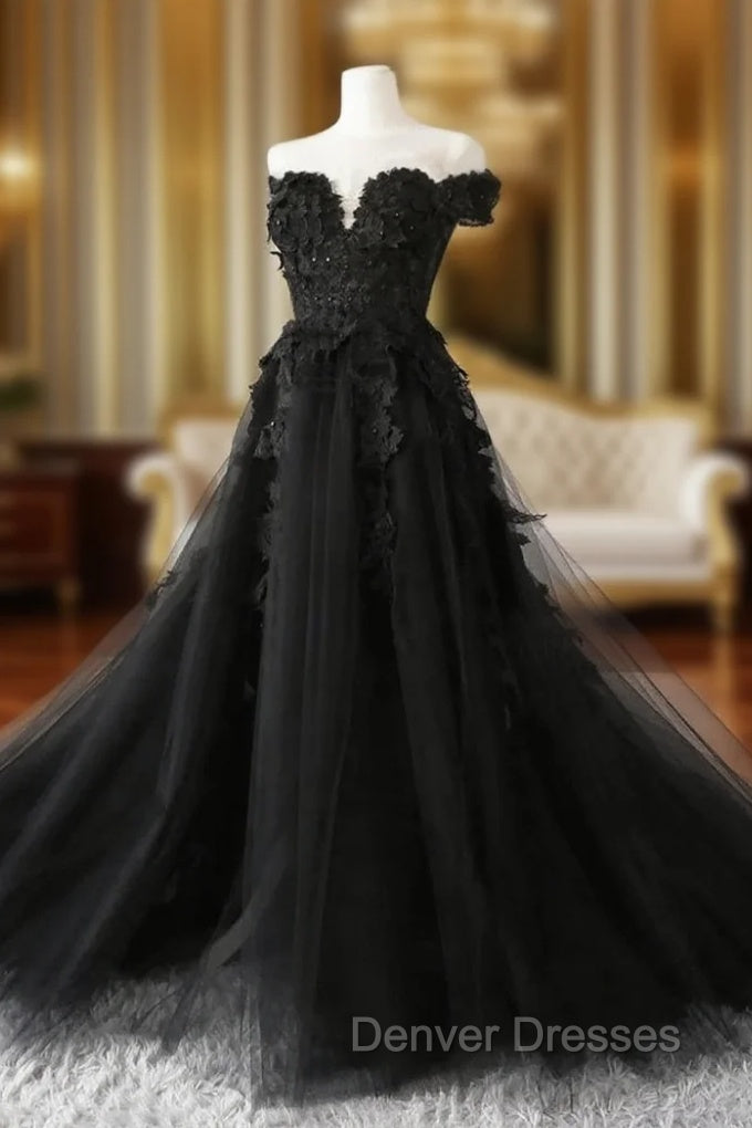 Black Off Shoulder Formal Dress with Lace, Black Tulle Off Shoulder Prom Dress Main image