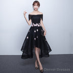 Black Off Shoulder High Low Party Dresses With Flower Lace, Black Short Homecoming Dresses