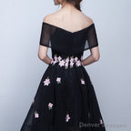 Black Off Shoulder High Low Party Dresses With Flower Lace, Black Short Homecoming Dresses