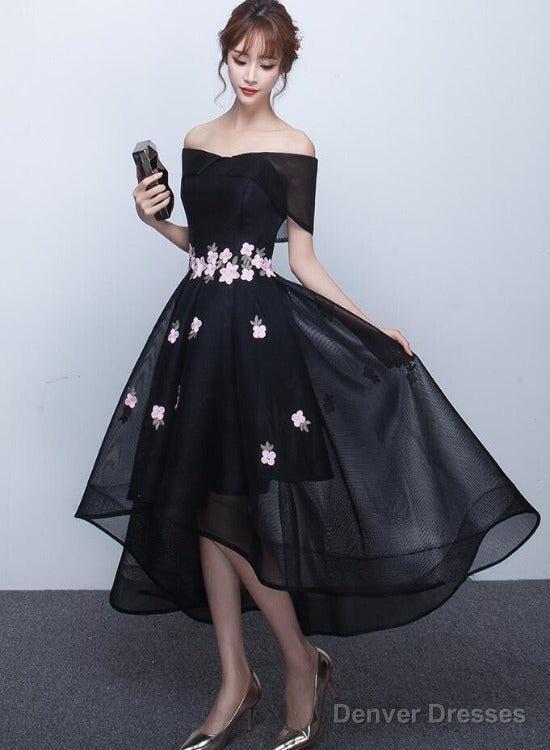 Black Off Shoulder High Low Party Dresses With Flower Lace, Black Short Homecoming Dresses