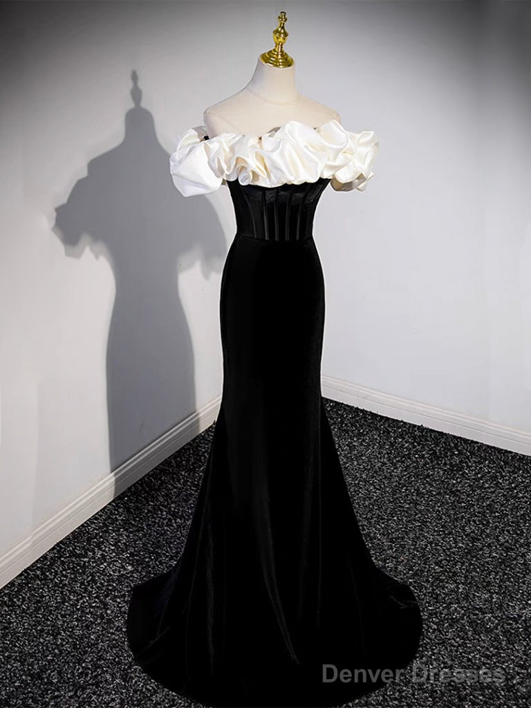 Black Off Shoulder Mermaid Long Prom Dress, Black Long Formal Dress