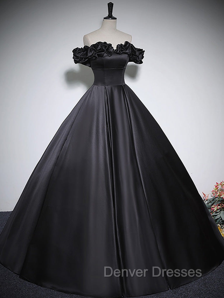 Black Off Shoulder Satin Long Prom Dress, Black Satin Evening Dress Secondary image