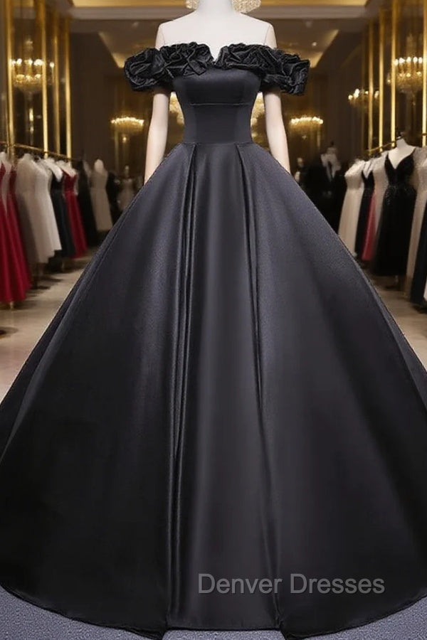 Black Off Shoulder Satin Long Prom Dress, Black Satin Evening Dress Main image