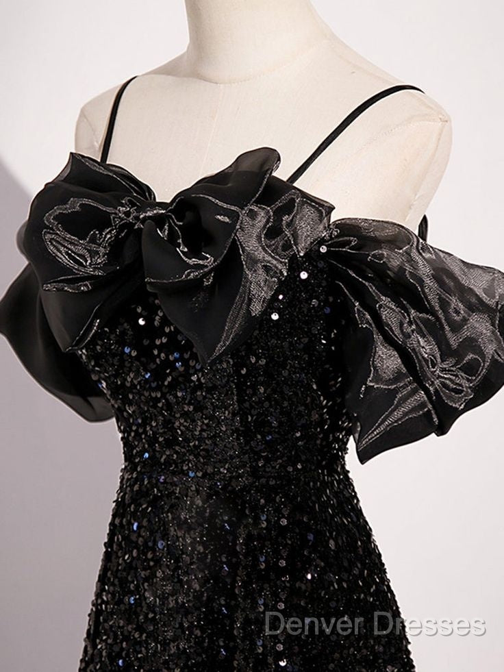 Black Off Shoulder Sequin Long Prom Dress Evening Dress With Bow Knot