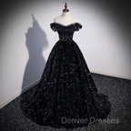Black Off Shoulder Shiny Beaded Long Prom Dress A-line Black Evening Dress prom Dress shops