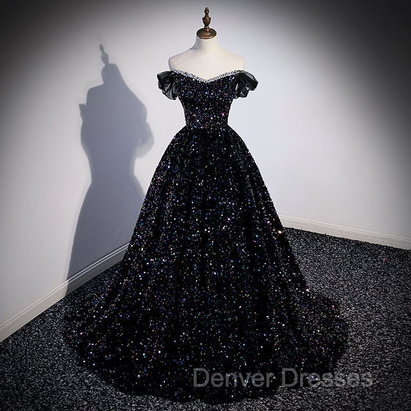 Black Off Shoulder Shiny Beaded Long Prom Dress A-line Black Evening Dress prom Dress shops