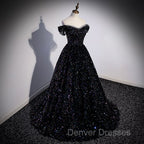 Black Off Shoulder Shiny Beaded Long Prom Dress A-line Black Evening Dress prom Dress shops