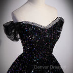 Black Off Shoulder Shiny Beaded Long Prom Dress A-line Black Evening Dress prom Dress shops