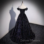 Black Off Shoulder Shiny Beaded Long Prom Dress A-line Black Evening Dress prom Dress shops