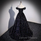Black Off Shoulder Shiny Beaded Long Prom Dress A-line Black Evening Dress prom Dress shops